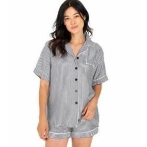 Ettitude Sateen Gray‎ White Striped Short Sleeve PJ Shirt Bamboo Sleepwear S NWT